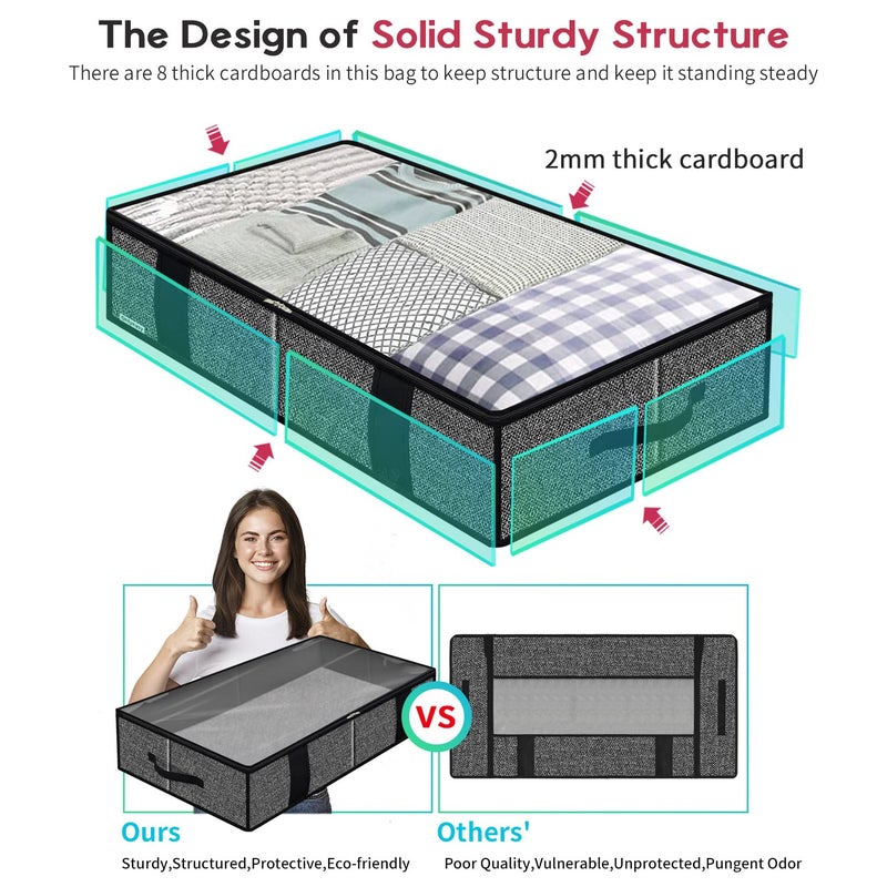 Onlyeasy Underbed Fabric Storage Bags Organizer with 4 Handles, 2 Zippers and Large Clear Window, for Clothes, Blankets, Bedding, Foldable with Sturdy Structure, 2 Pack, Linen-like Black, MXAUBBSS2P - Image 4